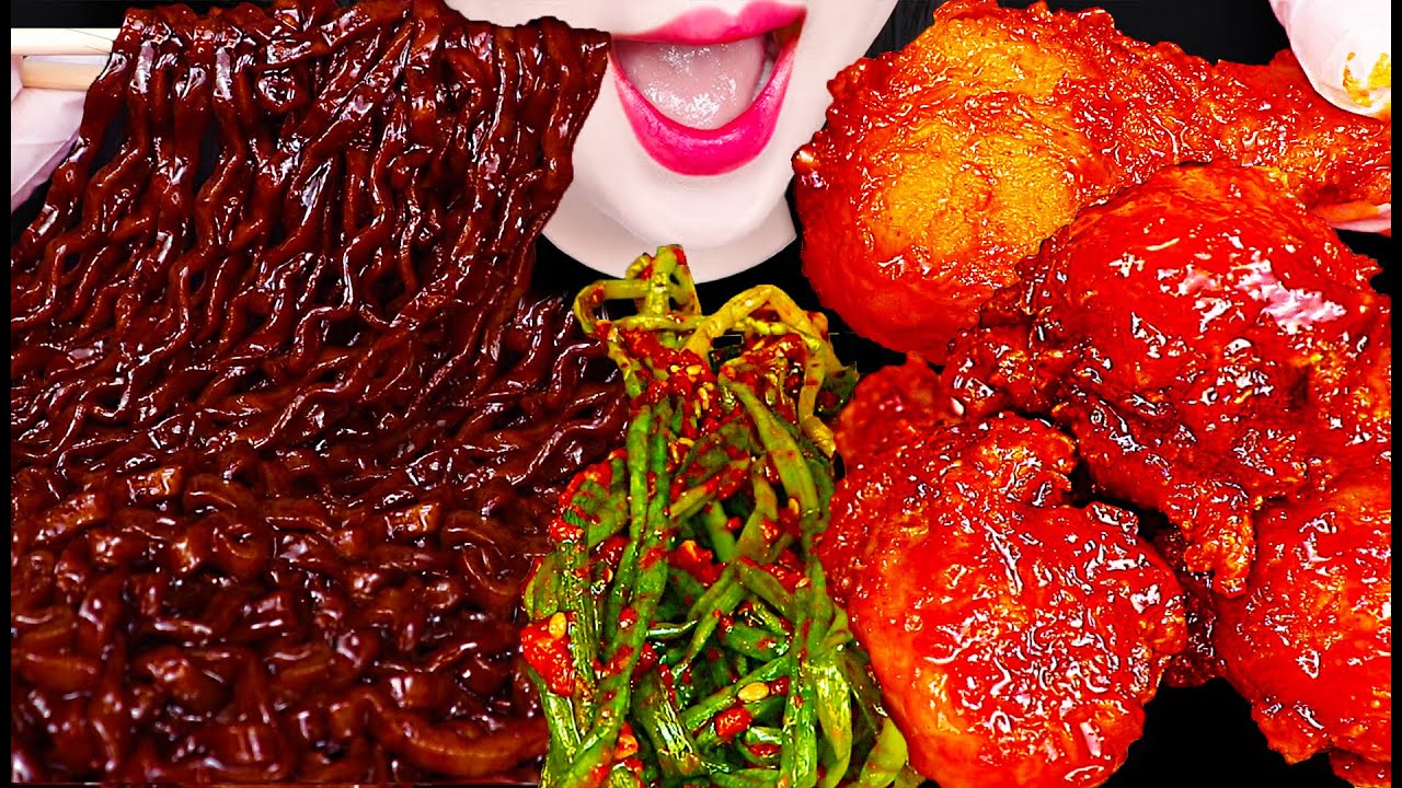 ASMR Fried Chicken, Kimchi, Black Bean Noodles 파김치, 짜장 라면, 양념 치킨 닭다리 먹방 EATING SOUNDS