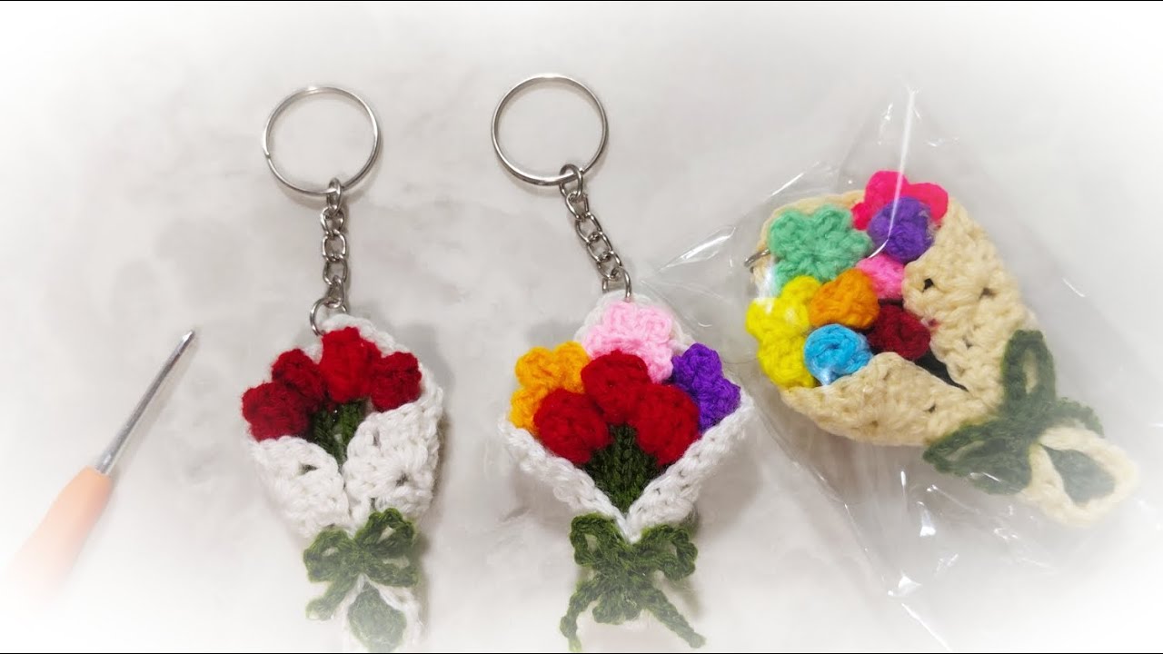 🌸 Crochet Flower Bouquet Keychain | Easy Beginner Tutorial 🌸 In marathi with caption 