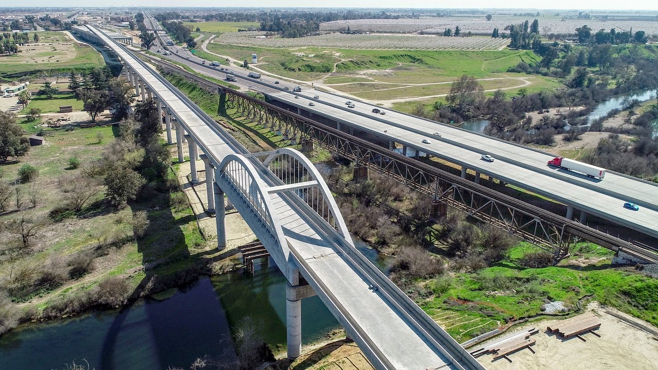 Get aerial look at high-speed rail construction around Fresno CA in this drone video