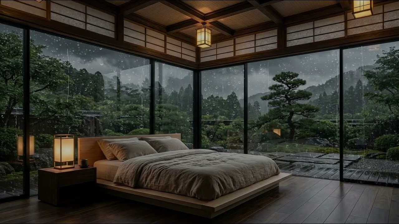 3 HOURS Rain Sounds  Cozy Japanese Glass Room Night  Sleep & Relax