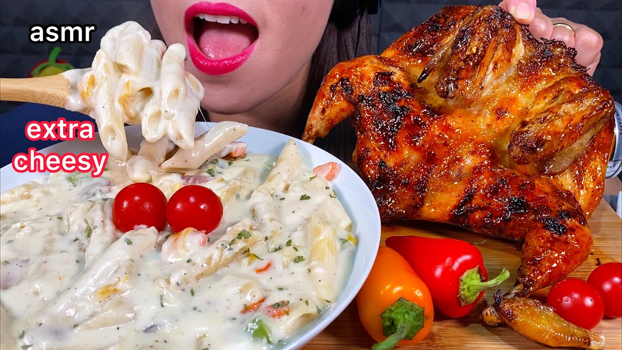 ASMR CHEESY WHITE SAUCE PASTA, WHOLE ROAST CHICKEN, SWEET PEPPER & TOMATO 먹방 Eating Sounds