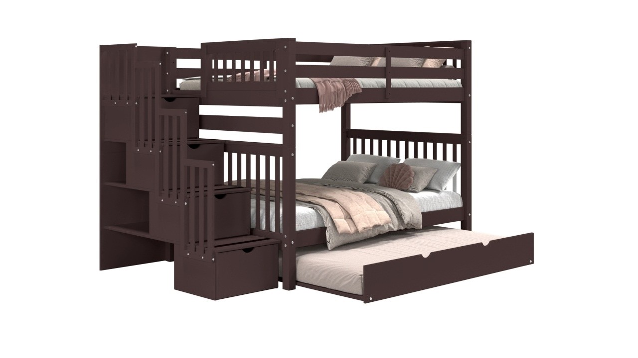 Bedz King BK981 Full over Full Stairway Bunk Beds with a Full Trundle, Dark Cherry - 360 #bunkbeds