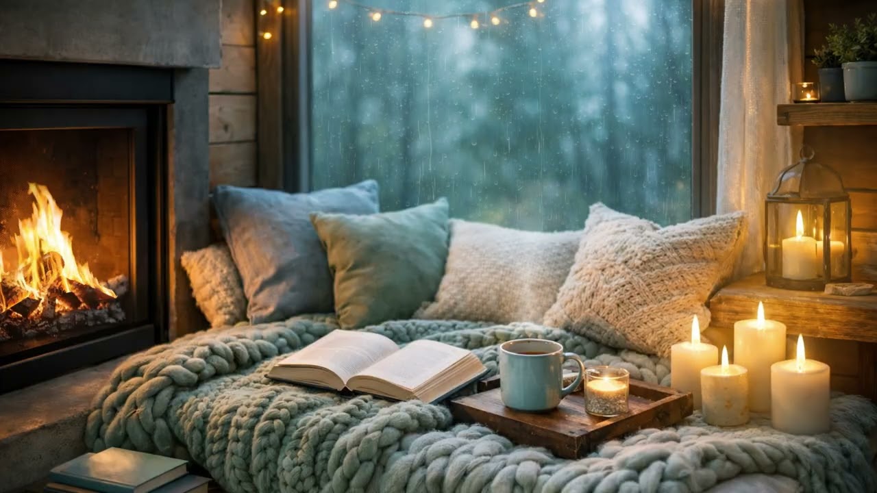 Rainy Forest Cabin Reading Nook with Fireplace 🔥 Cozy Ambient Sounds for Relaxing & Studying