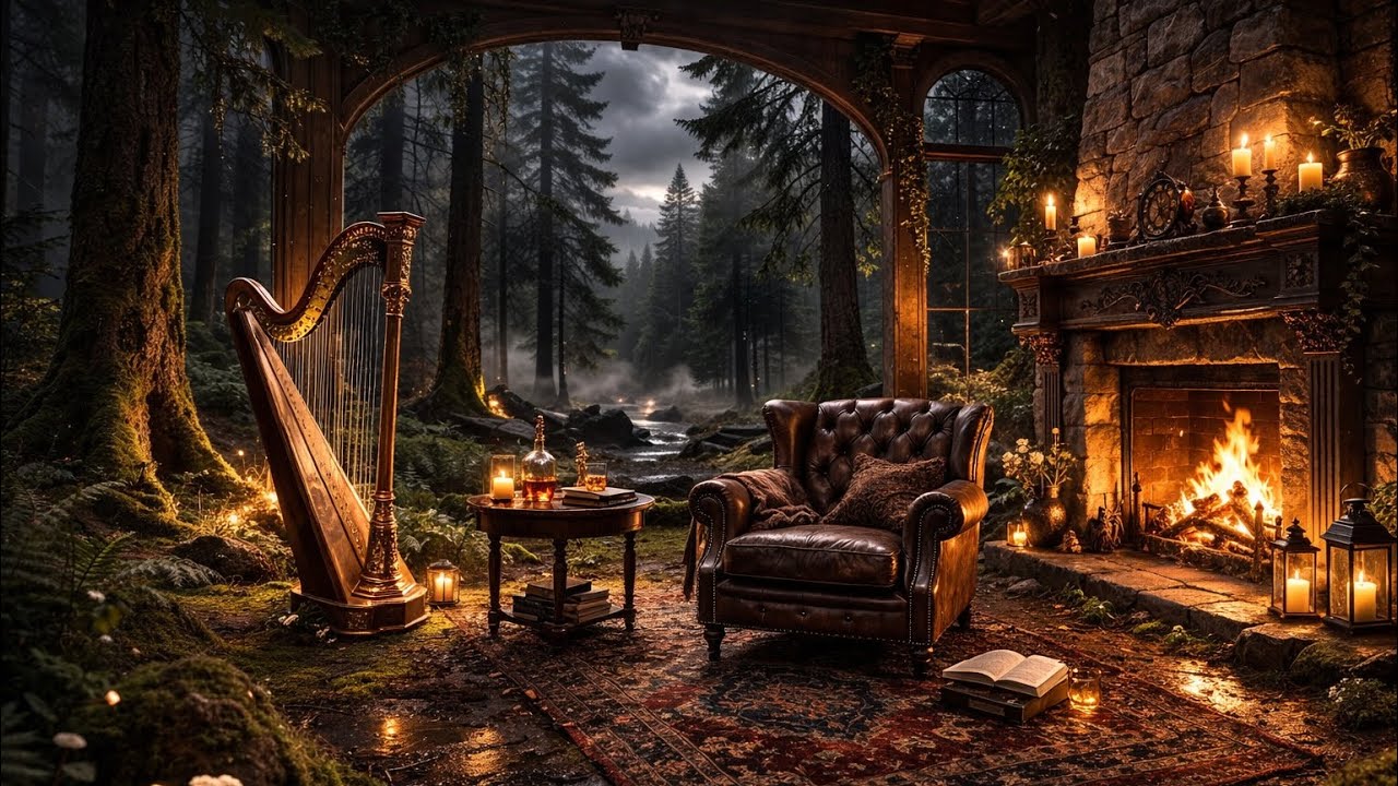 🎻🪉🔥 Cozy Forest Harp, Violin & Fireplace Ambience | Luxury Celtic Relaxation 3 Hours