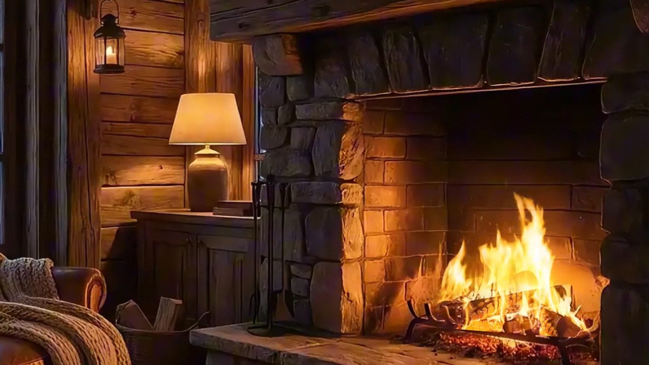 Cozy Winter Cabin Fireplace ❄️ Snow Falling Outside | Relaxing Piano Ambience