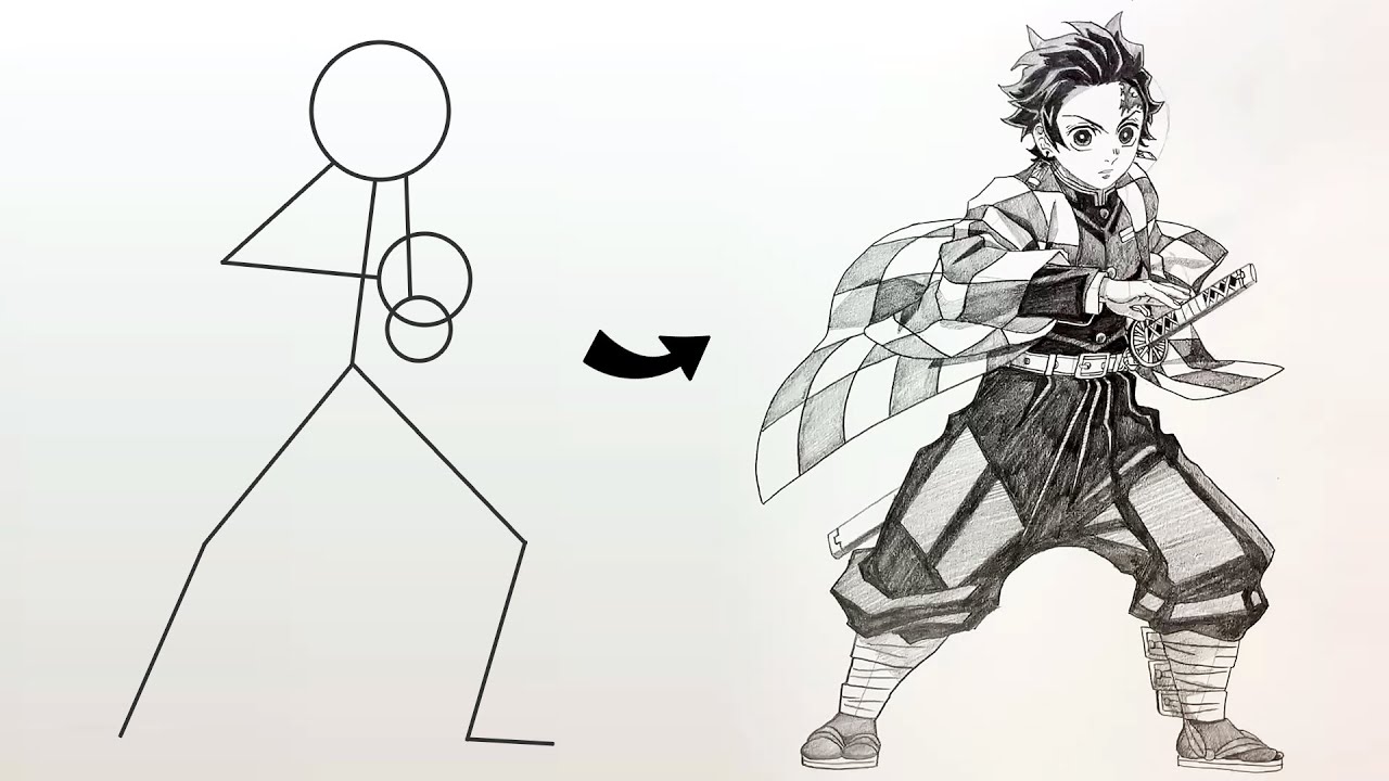 How to Draw Tanjiro Full Body from Stick Man | Easy Step-by-Step | Demon Slayer