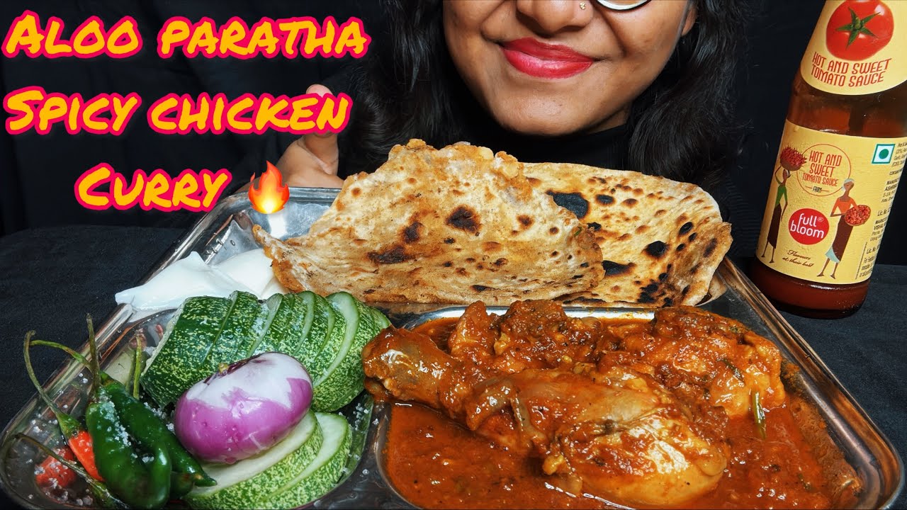 Eating Aloo Paratha With Spicy 🔥 Chicken Curry, Onion, Chilli, Cucumber| Eating Show | Mukbang ASMR 