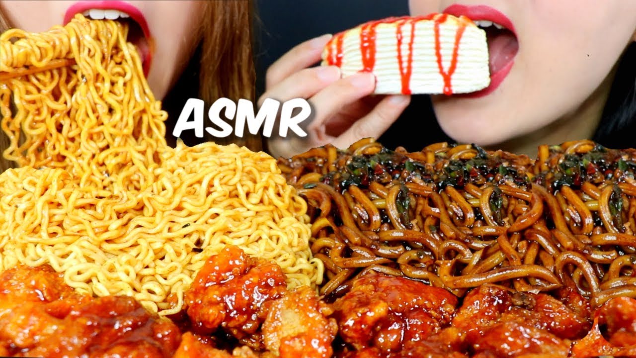 ASMR BLACK BEAN NOODLES + FIRE NOODLES + CREPE CAKE 짜장면 양념 치킨 불닭볶음면 먹방 | Kim&Liz ASMR