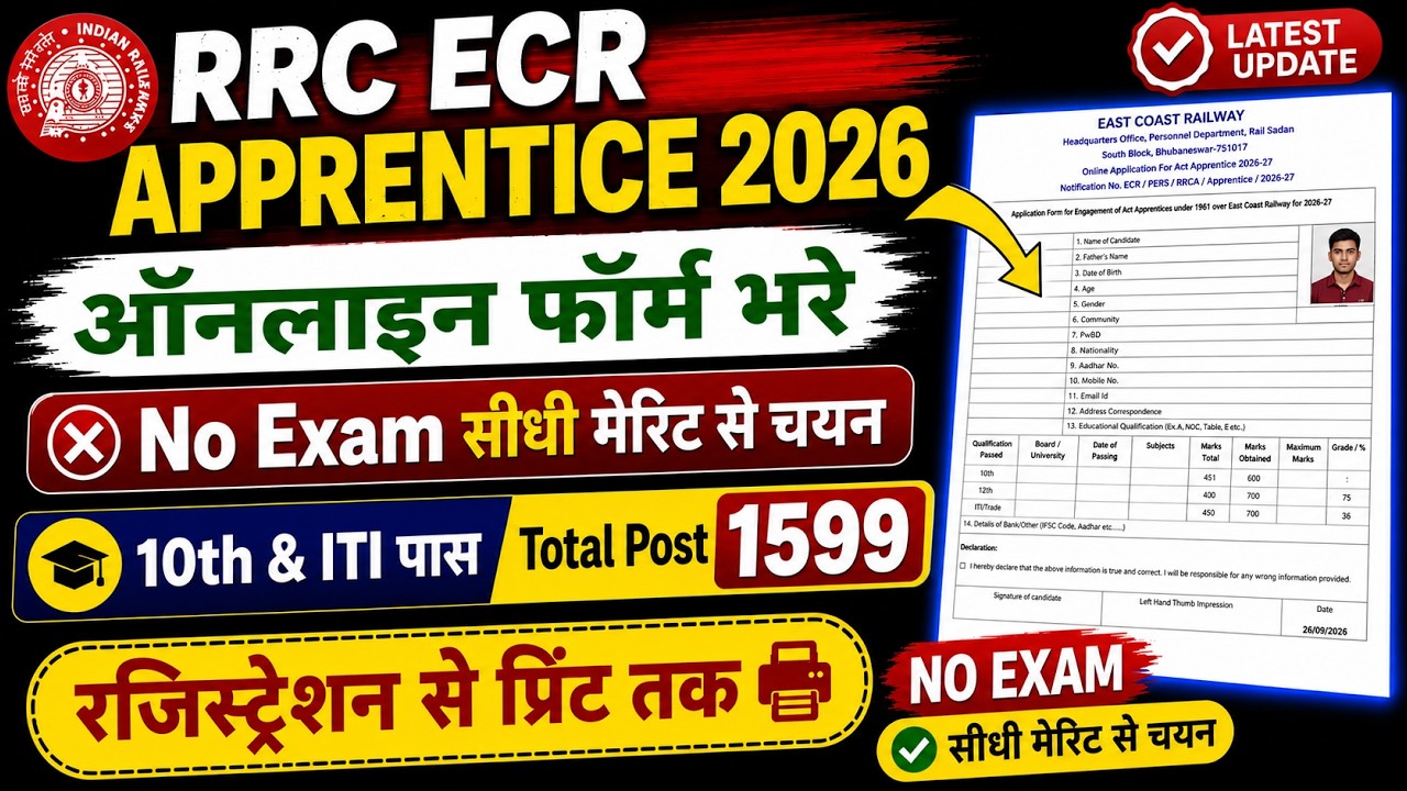 RRC ECR Apprentice Form Kaise Bhare 2026 | 1599 Post | Online Apply Full Process | 10th & ITI Pass