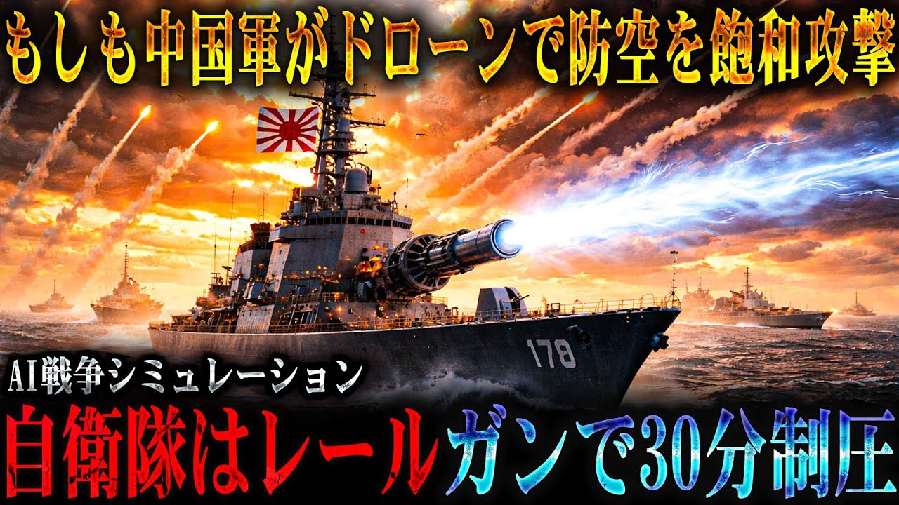【領空防衛の転換点】もしも中国軍が無人ドローンと旧式機で日本の防空を飽和攻撃したら、なぜ自衛隊は電磁加速砲で30分間に空と海を制圧できたのか？【AIシミュレ―ション】