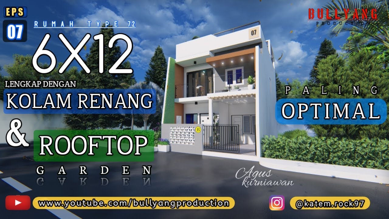 paling optimal, desain rumah 6x12m type 72 dilengkapi dengan kolam renang, gym dan rooftop garden