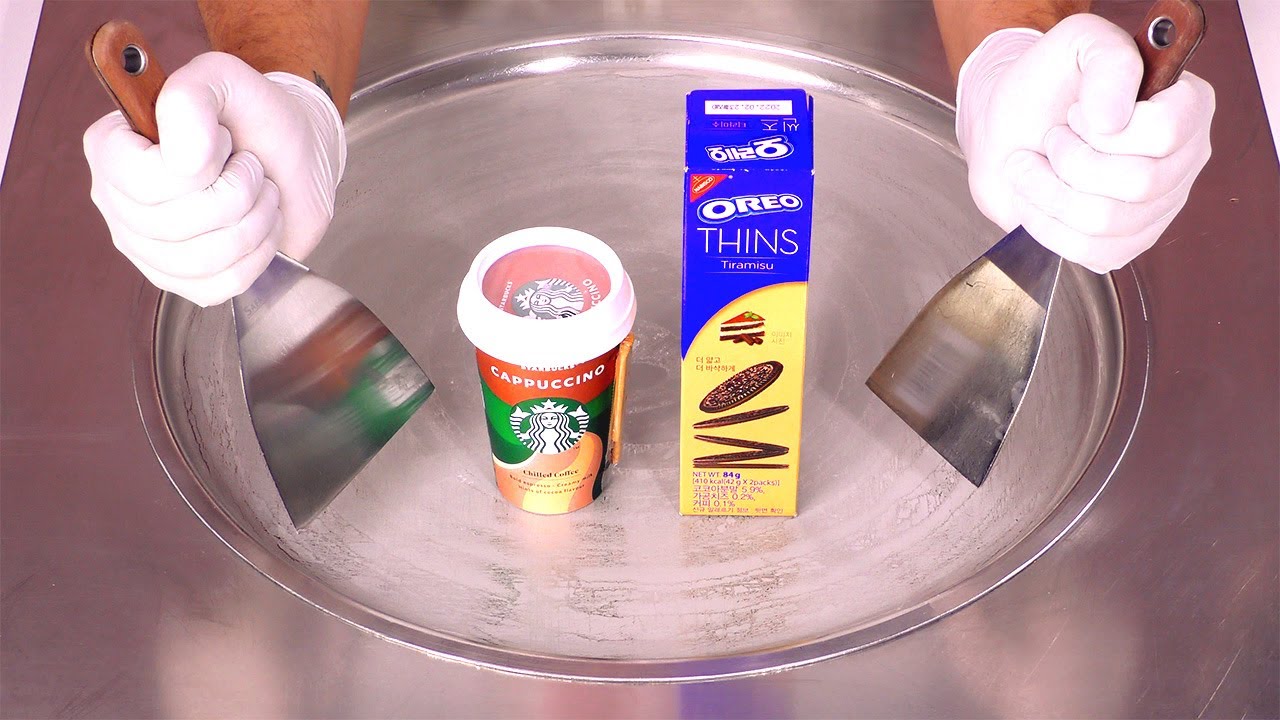 Starbucks Coffee & Oreo Cookies Ice Cream Rolls - how to make Coffee and Cookies to Ice Cream | ASMR