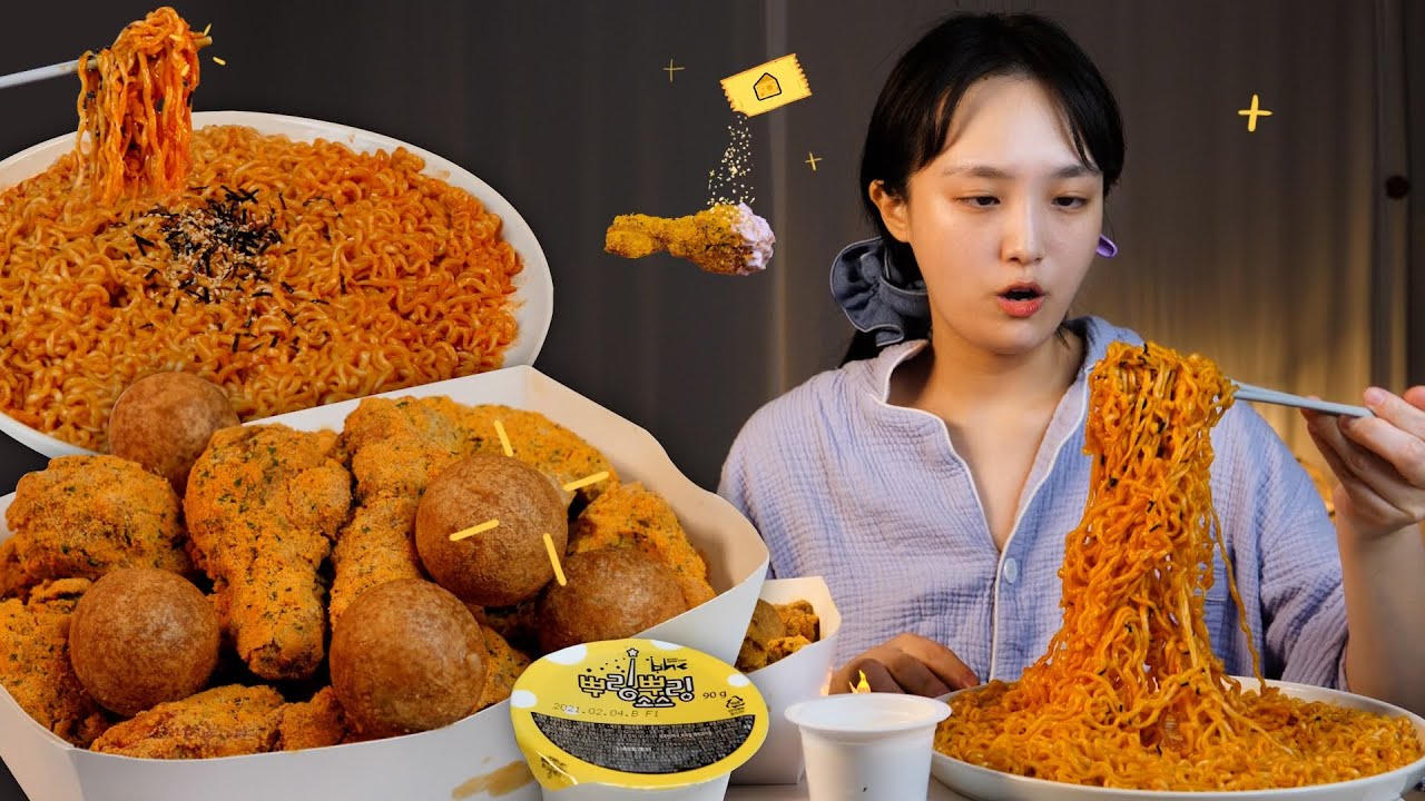 🌝✨뿌링클치킨 불닭볶음면 먹방 _ 진정한 돼지파티의 날💛정석은 좌 뿌링 우 불닭이 아닐까 합니다 :D