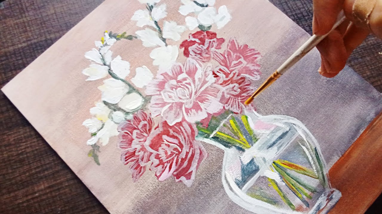 White Delphinium and Peony Vase / Acrylic Painting Techniques / Acrylic Painting