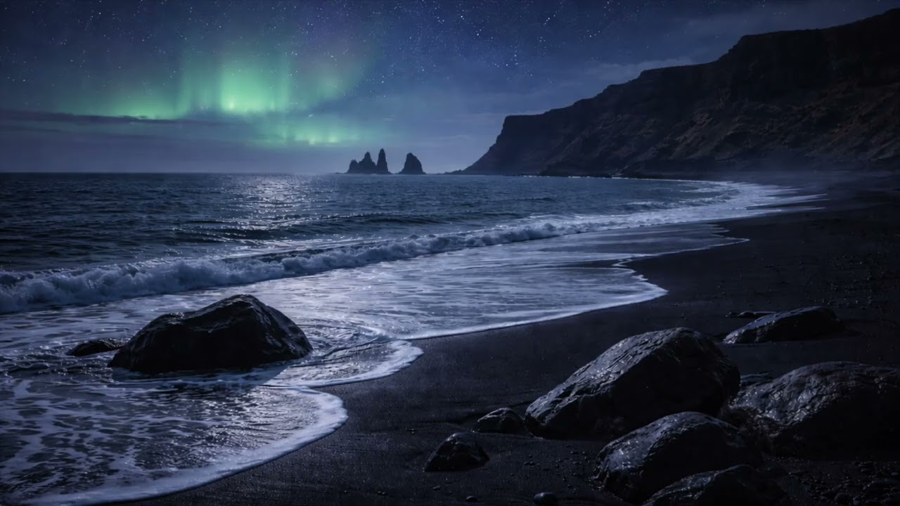 アイスランド黒砂海岸の静かな夜｜北大西洋の深い静寂｜Quiet Night on Iceland’s Black Sand Beach | Deep Ocean Ambience
