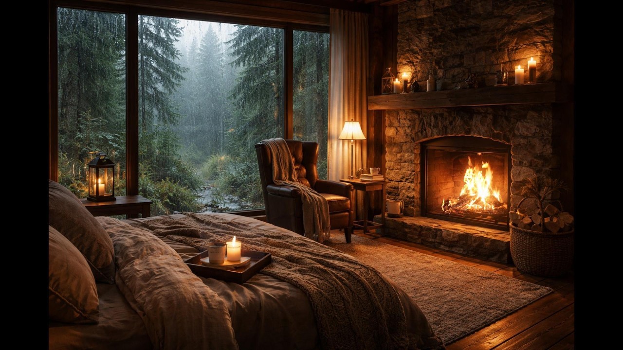 Relaxing bedroom fireplace on a rainy day