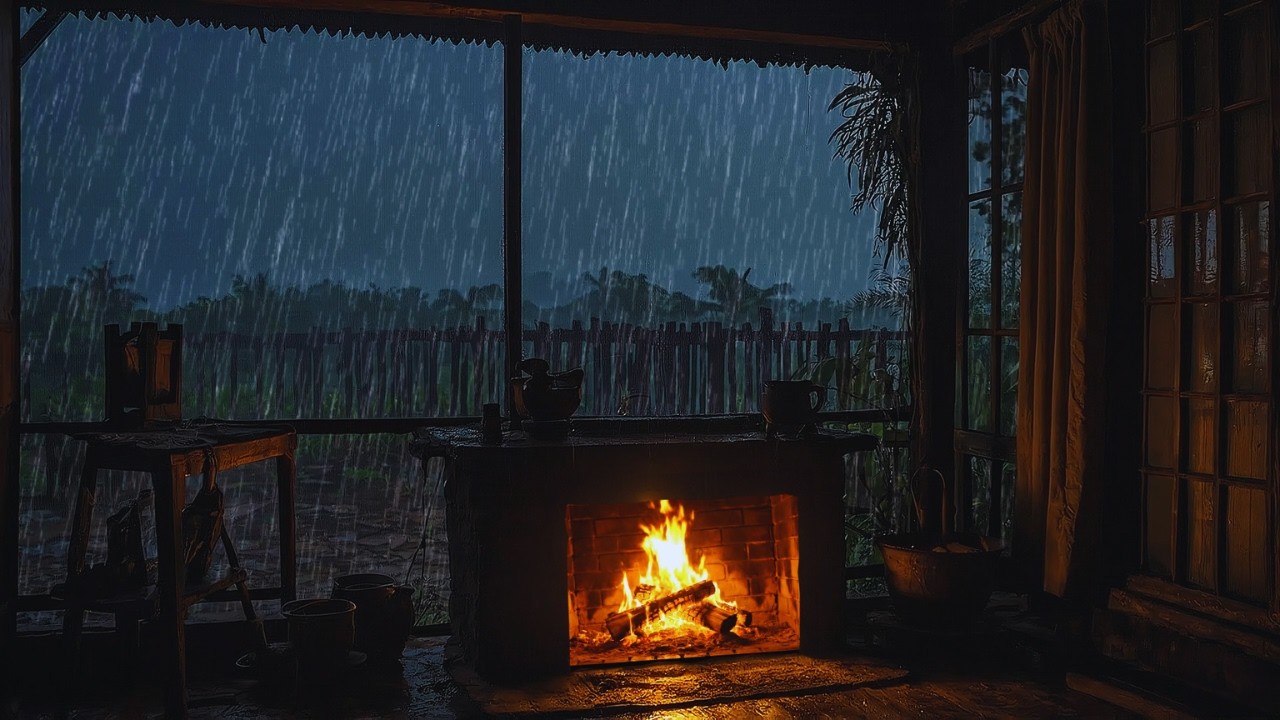 Heavy Rain on a Cozy Cabin Window 🔥 Fireplace & Lofi Sleep Music | Rain Sounds for Deep Sleep