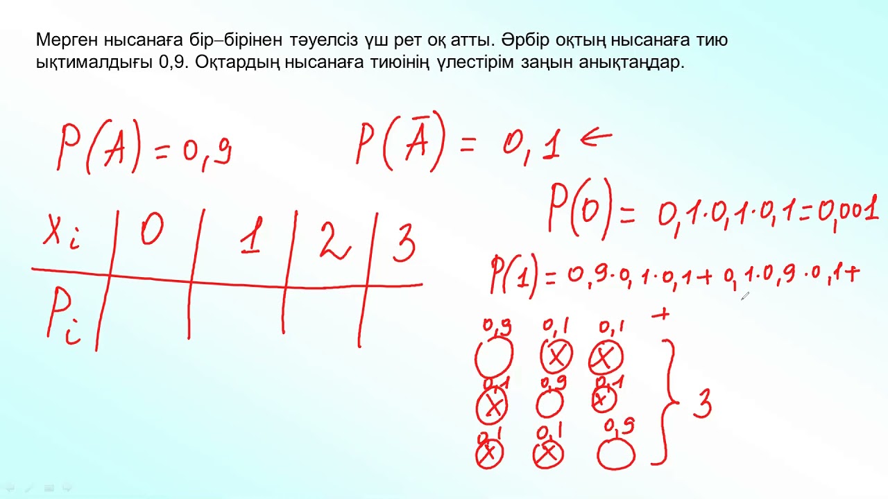 Мерген нысанаға бір - бірінен тәуелсіз үш рет оқ атты. Әрбір оқтың нысанаға тию ықтималдығы 0,9.