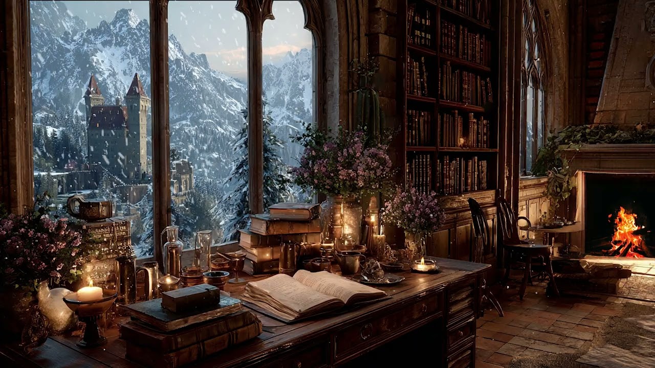 Warm Winter Night with Soft Fire Crackling Indoors | Calm Winter Sounds for Deep Relaxation