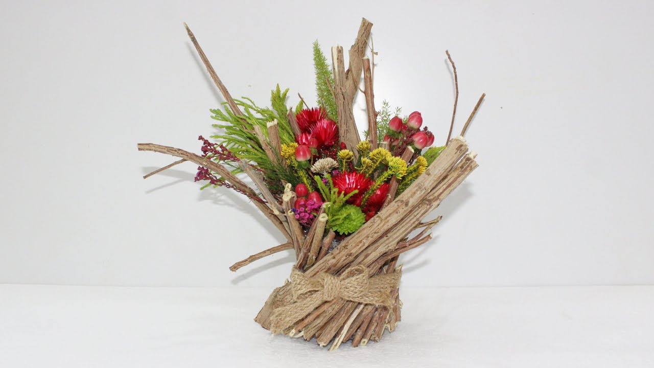 How to make flower vase with wooden stick, and flower arrange