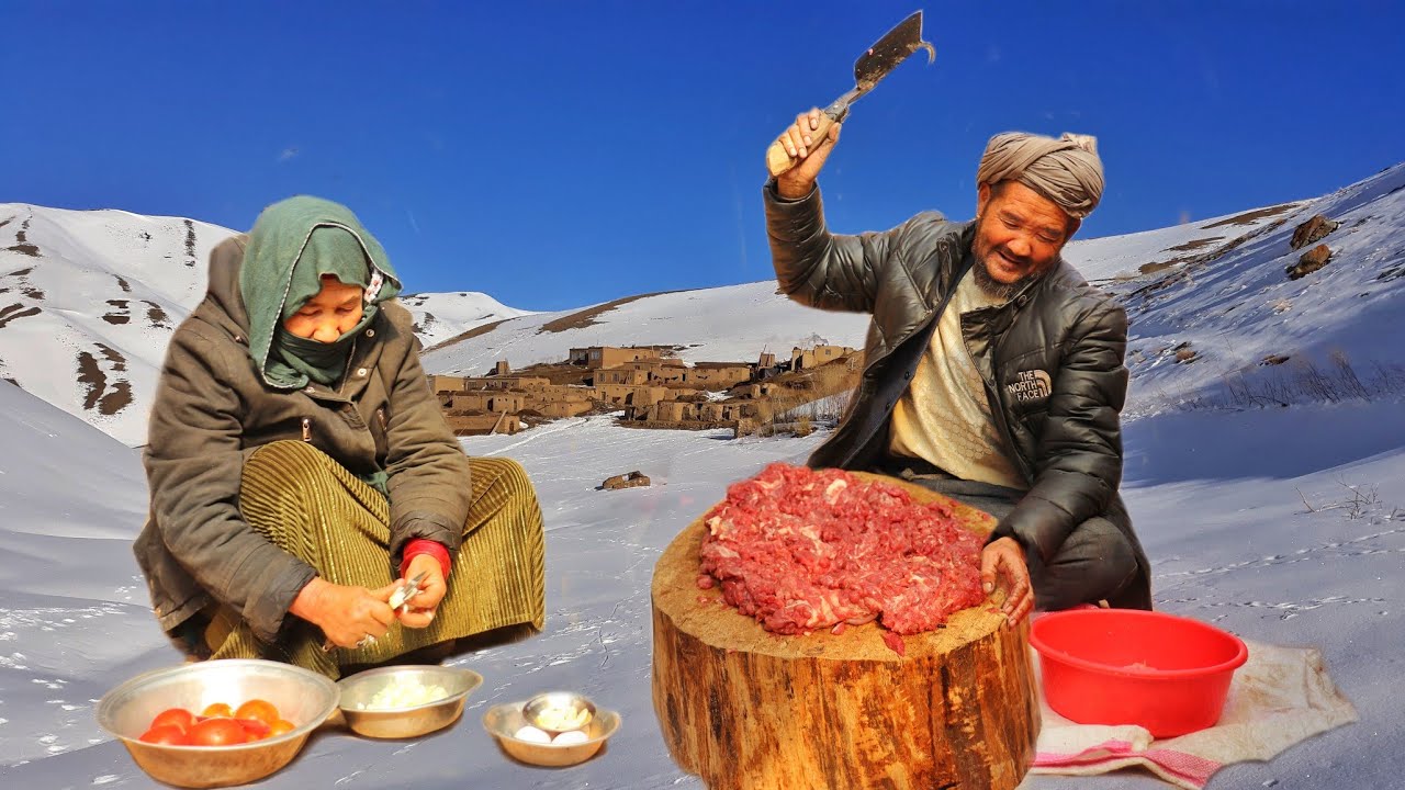 cooking cave old couple in winter-37°C: Lamb meatball recipe: Village Life Afghanistan