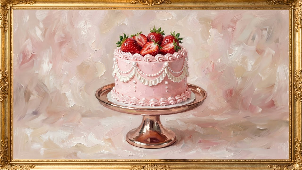 Luxury Strawberry Cake Oil Painting 🎂🍓  Dark Classical Still Life  Romantic Valentine Fine Art
