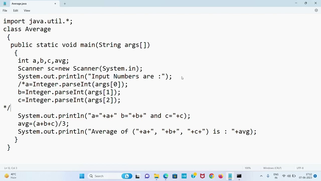 MCS-206 q1a Write a java program which takes 3 numbers as input & displays average of these numbers