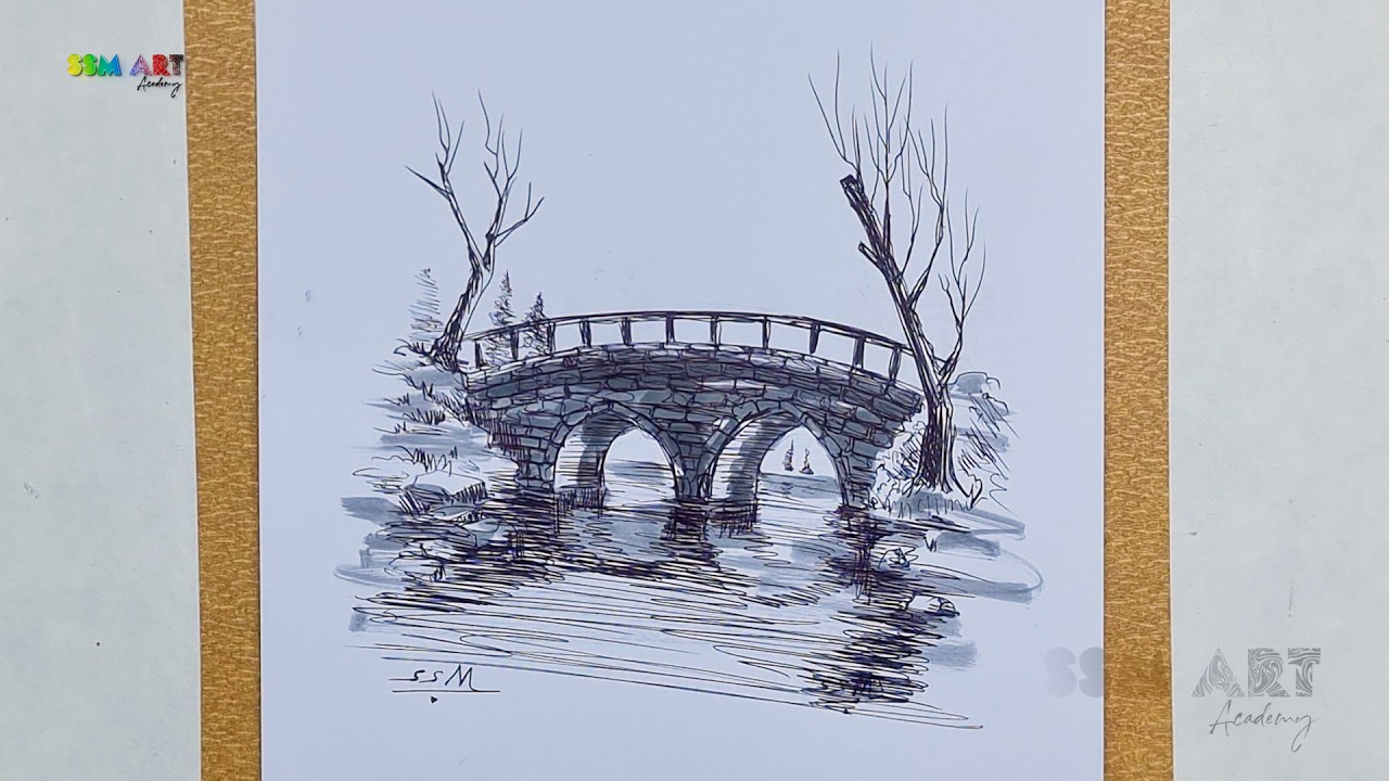 Draw a Beautiful Stone Bridge | Easy Pen & Ink Sketch Tutorial | SSM Art