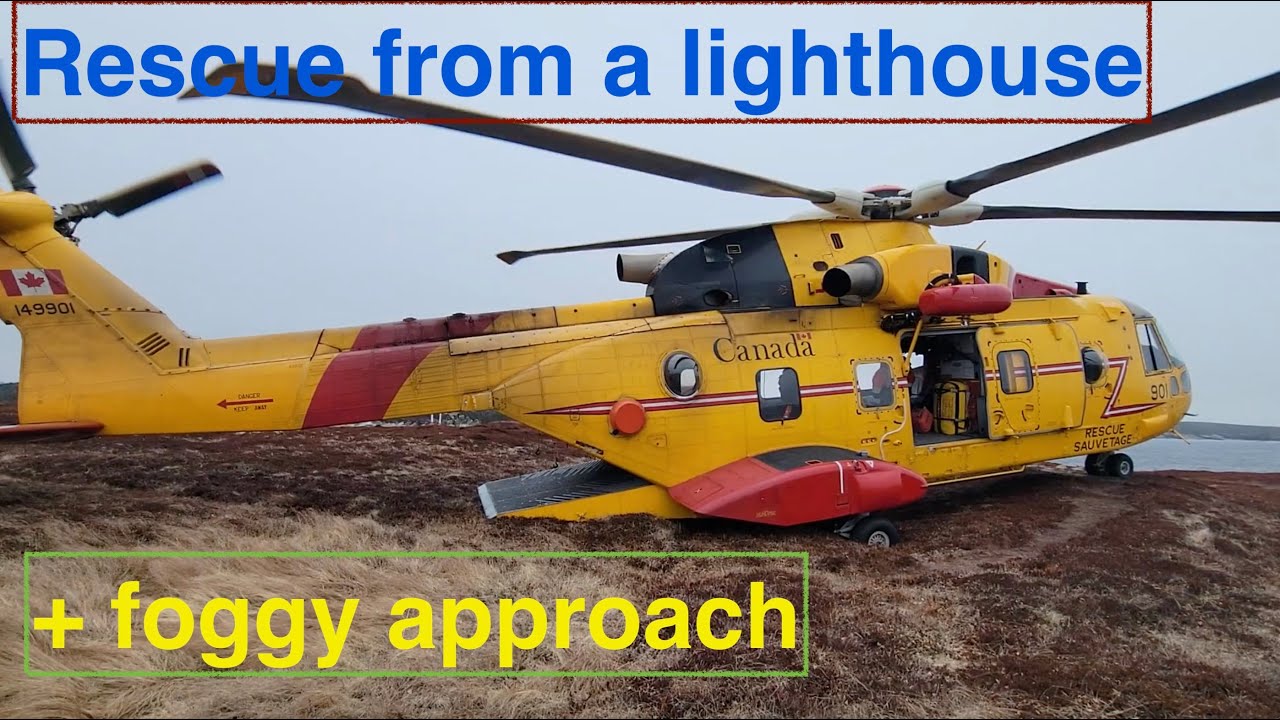 Helicopter rescue medevac from lighthouse in Newfoundland.