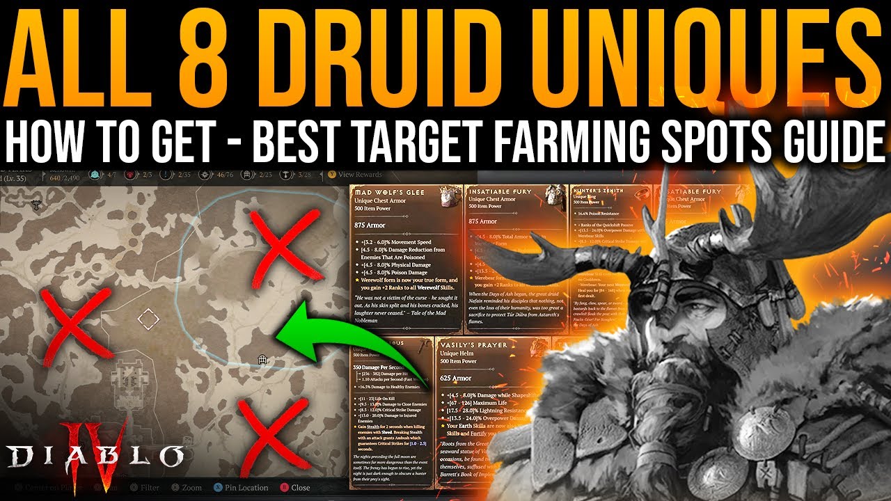 Diablo 4: Best UNIQUES TARGET FARM SPOTS - All 8 DRUID UNIQUES & HOW TO GET THEM - Druid Loot Guide