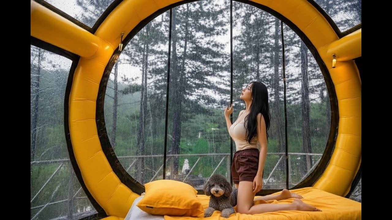 Camping in the rain inside a giant capsule-shaped hot air balloon tent ☔️