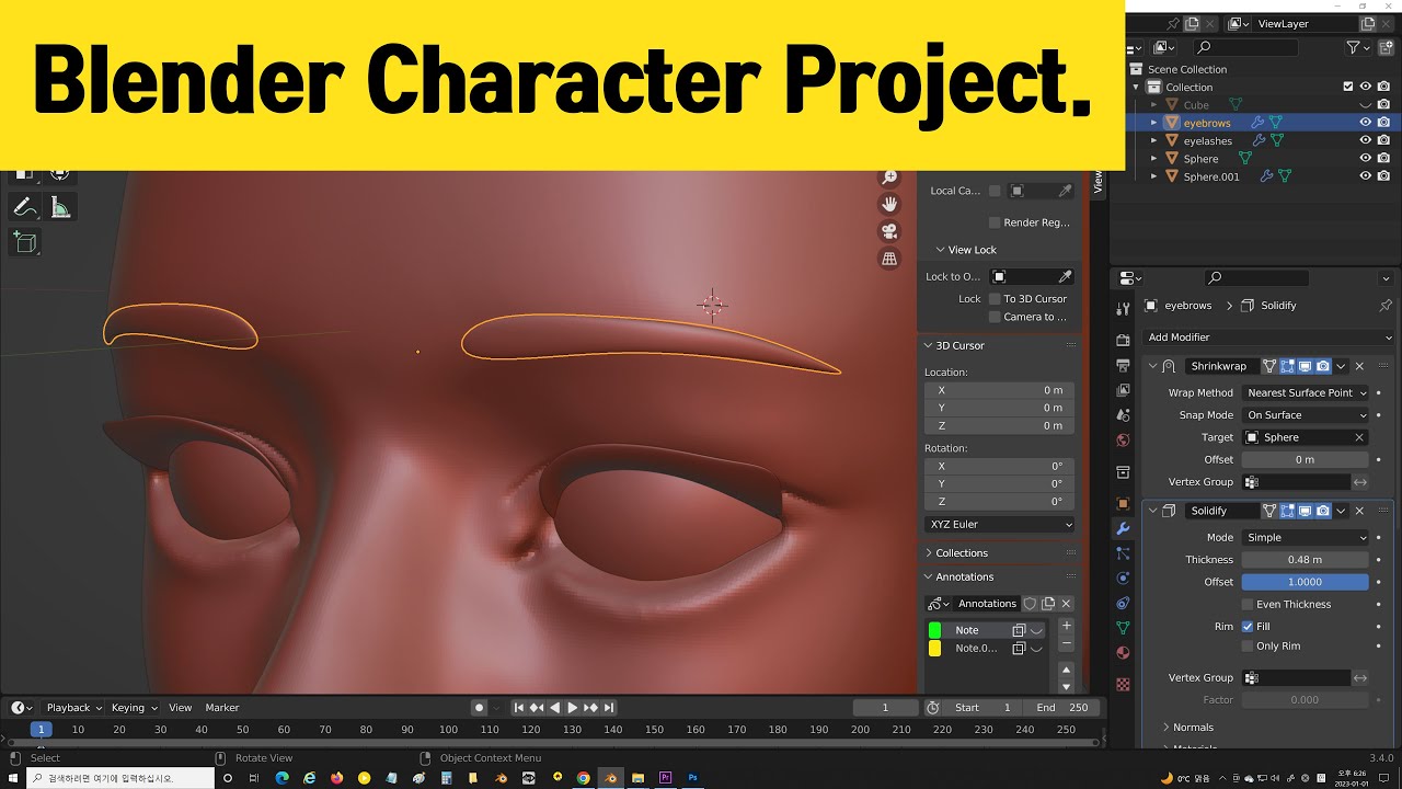 Create eyebrows, eyelashes | #9 Blender 3d character modeling | sculpting