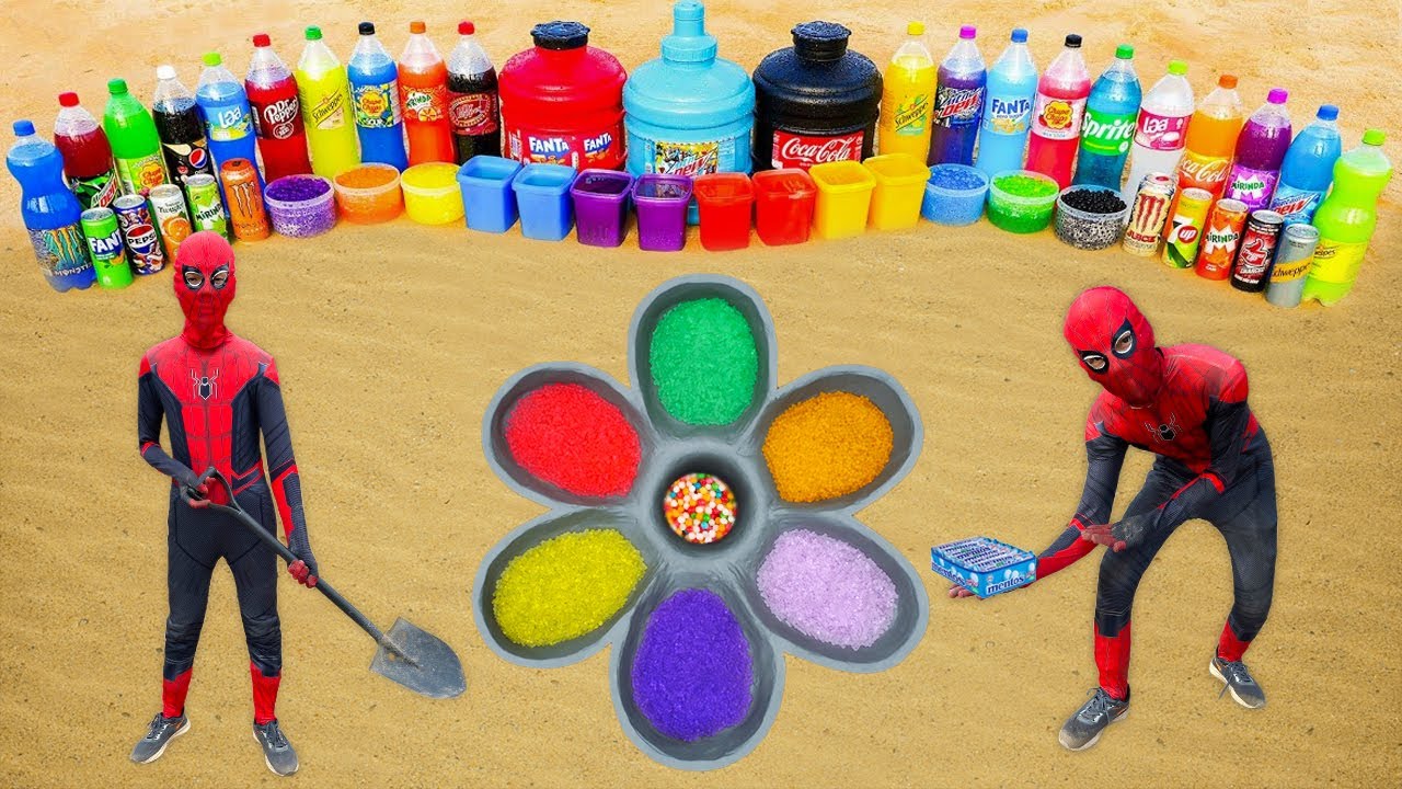 Spiderman & Big Toothpaste Eruption from Flower pit, Giant Mirinda, Mtn Dew, Coca Cola & Mentos