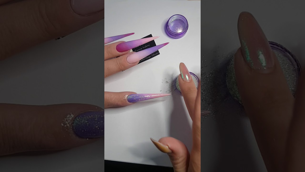 Chrome pigment aurora on stiletto ombre nails.