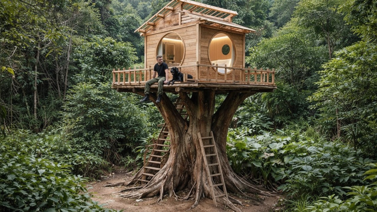 I Built a Log Cabin On a Giant Tree Trunk. Bushcraft Treehouse, Solo Survival in the Forest.