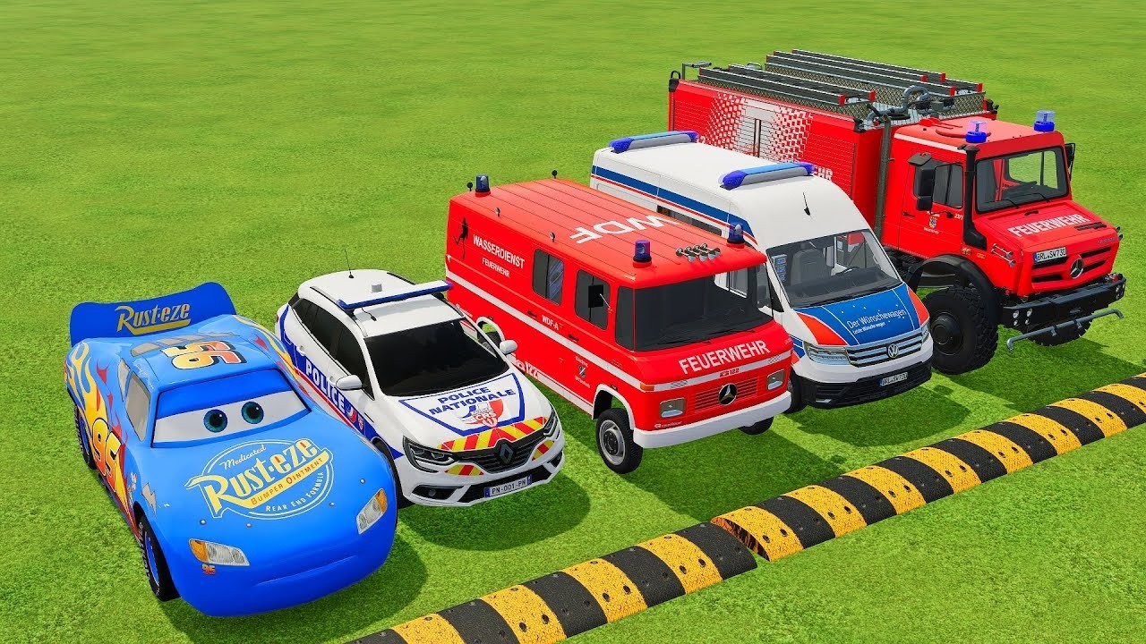 TRANSPORTING EMERGENCY CARS, AMBULANCE, POLICE CARS, FIRE TRUCK OF COLORS! WITH TRUCKS! - FS 22 #5