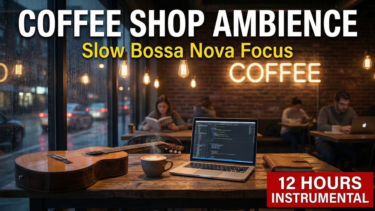 Coffee Shop Ambience with Slow Bossa Nova: Cozy Cafe Focus | 12 Hours Jazz Guitar for Work & Study