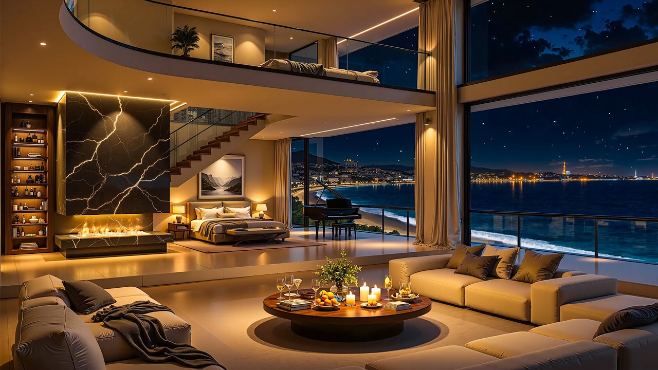 Elegant Jazz Music in a Seaside Apartment Ambience 🌊 🌃 Smooth Jazz  & Gentle Waves Sounds for Unwind