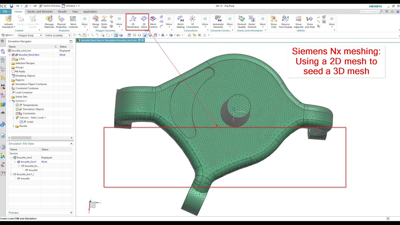 Using a 2D mesh to seed a 3D mesh in Nx Siemens | Unigraphics meshing Nx Nastran
