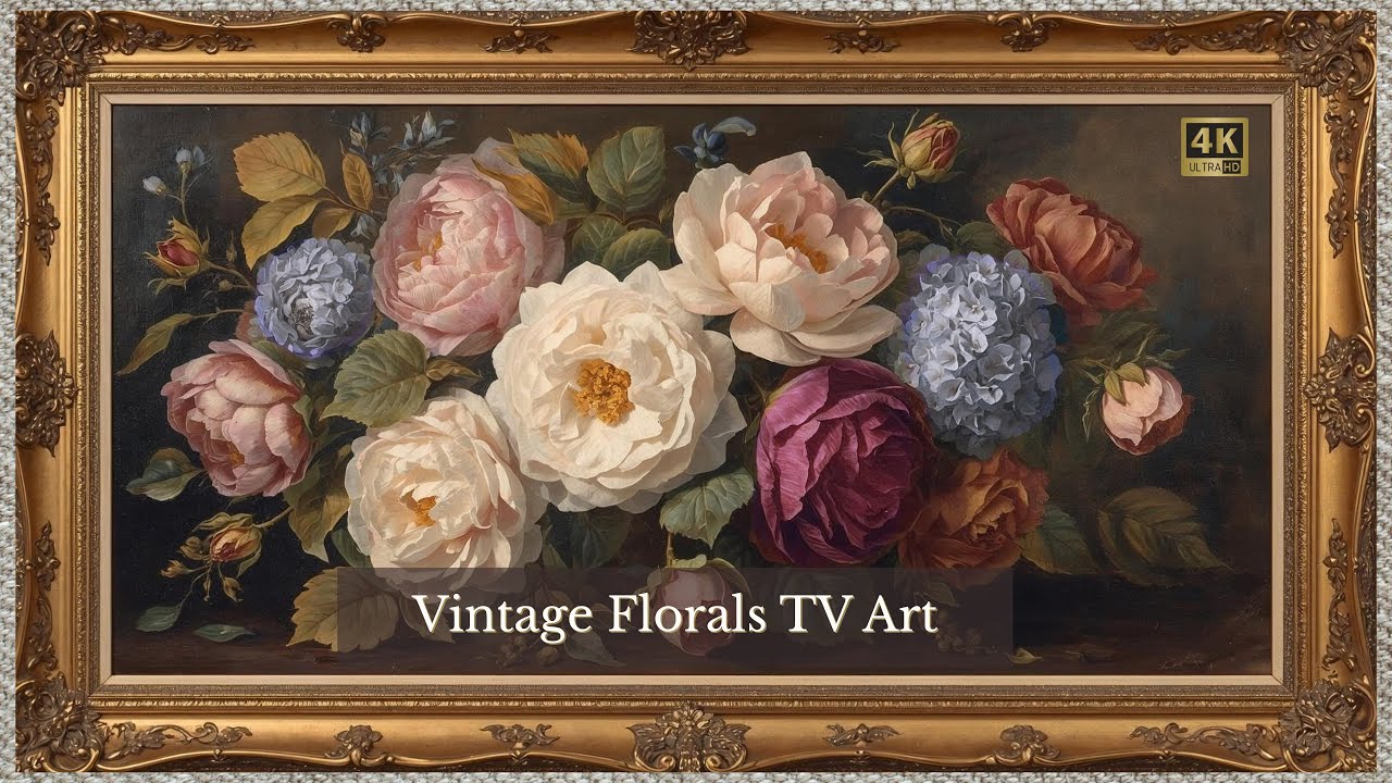 VINTAGE TV ART OIL PAINTING SCREENSAVER BACKGROUND FRAMED ELEGANT ROSES HYDRANGEA WALLPAPER 4K