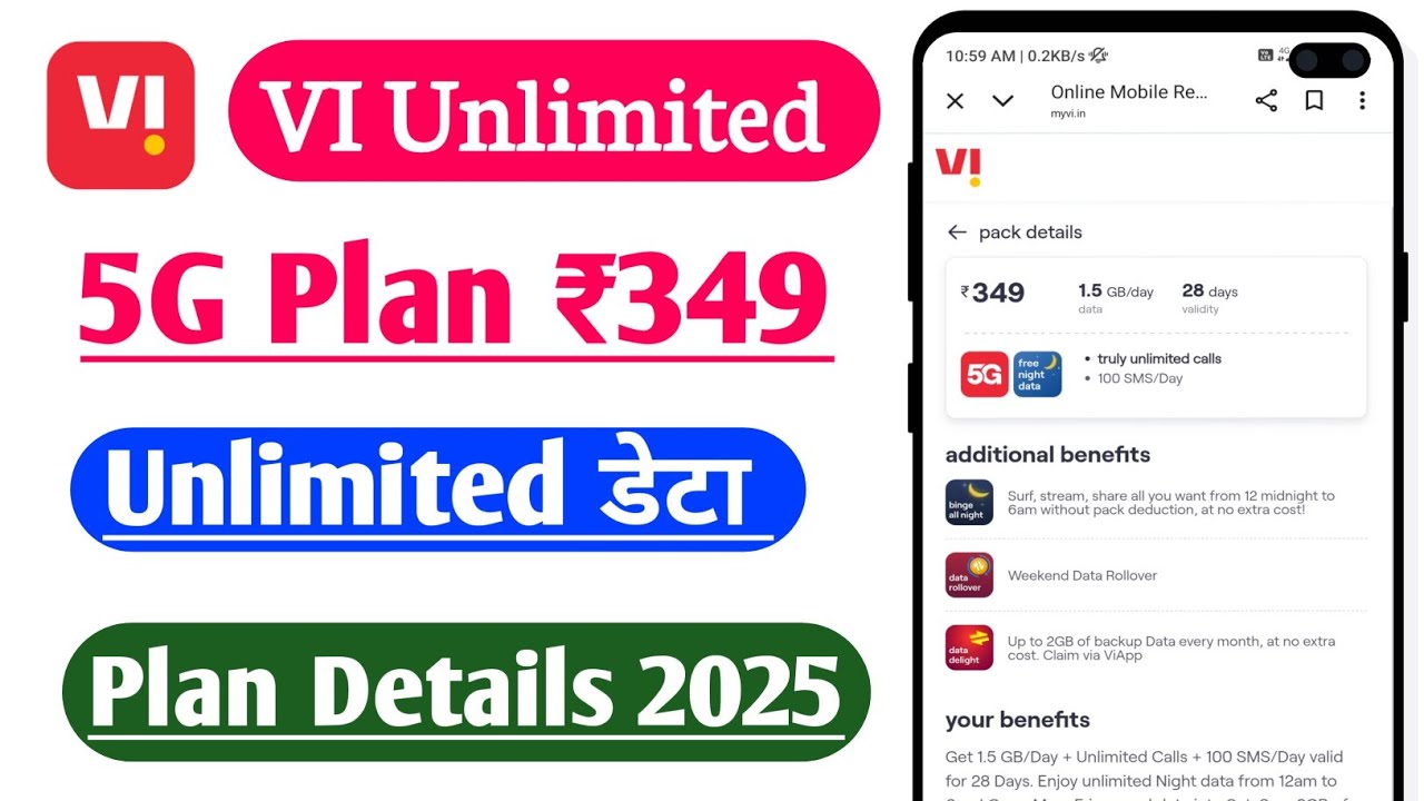 VI Unlimited recharge plan Rs 349 Velidity 28 Days All Details