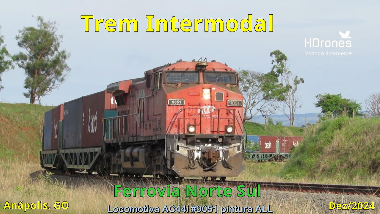 Trem Intermodal Brado chegando em Anápolis - Locomotiva AC44i pintura ALL 9051 - Ferrovia Norte Sul