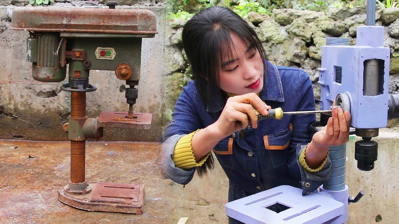 💡天才女孩修复破旧台钻，电机坏了得大修，修复如新！Genius girl repairs old bench drill and makes it look like new | 林果儿