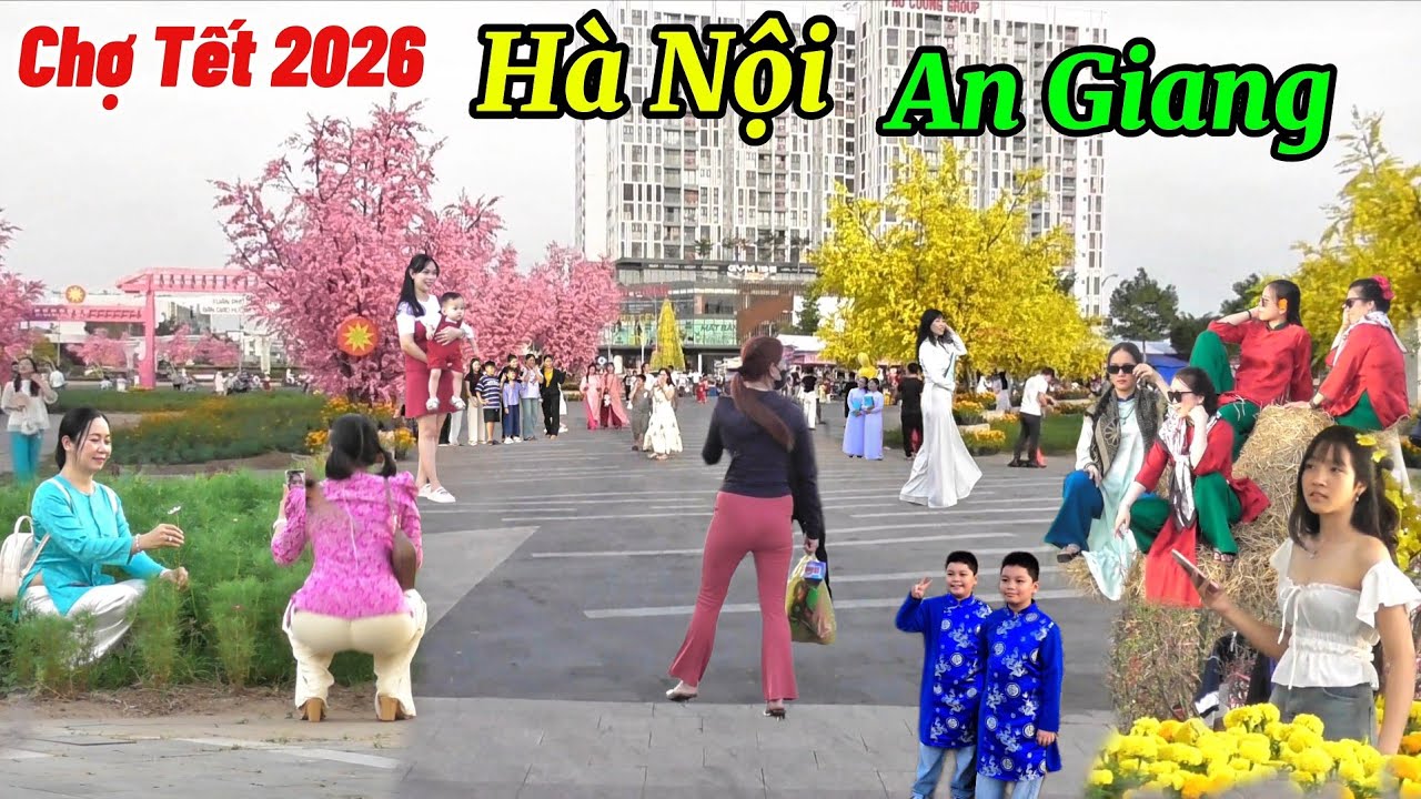 Chợ tết 2026 Hà Nội An Giang rất nhiều gái xinh du xuân ngắm hoa đào đang rực sắc