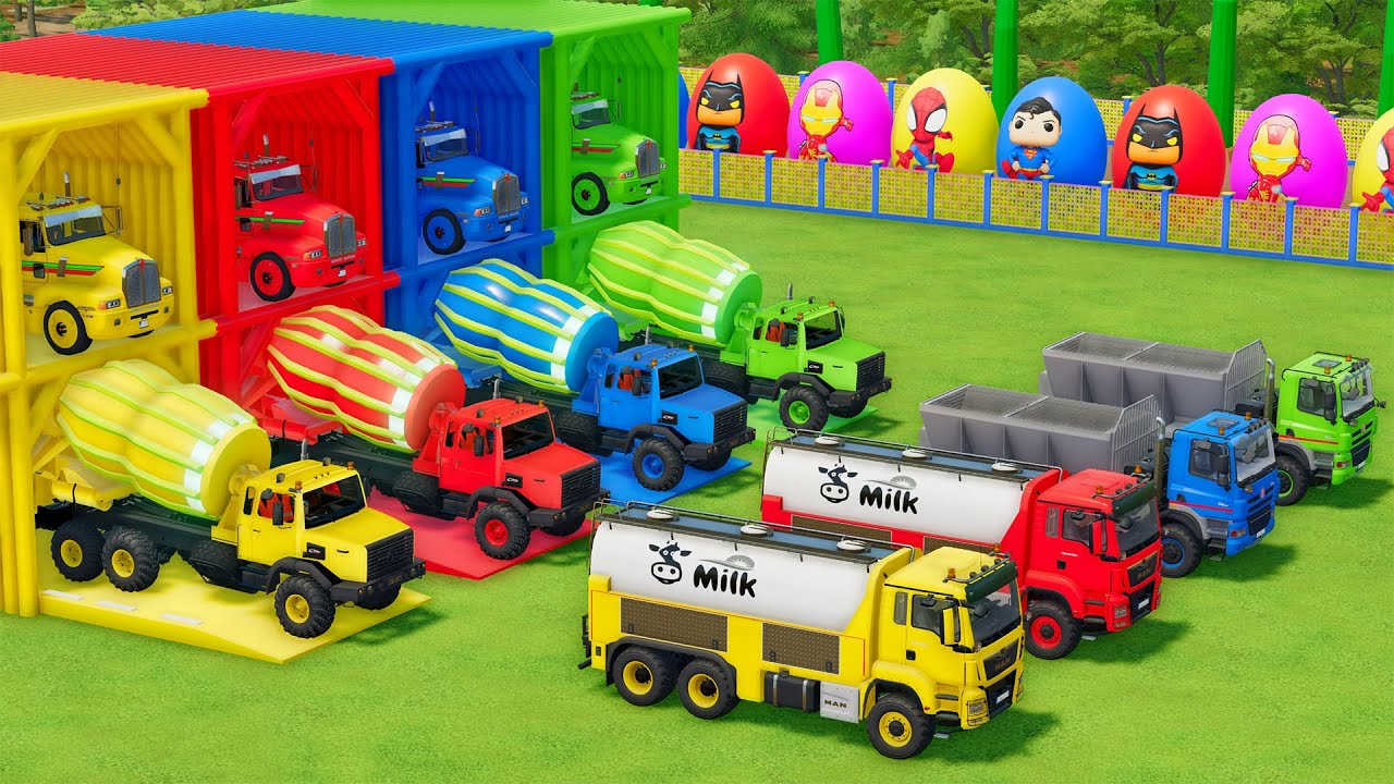 Garage with Colors - ALL MIXER TRUCK WITH DOUBLE FLATBED TRAILER TRUCK, VOLVO, RENAULT, MAN, TATRA