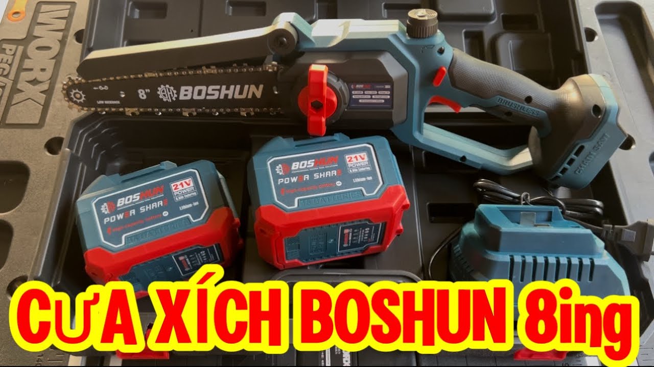 Cưa xích pin BOSHUN 8in Cao Cấp, Máy Cưa Xích Dùng Pin Lam Dài 24cm Mô Tơ Lõi Đồng Không Chổi Than