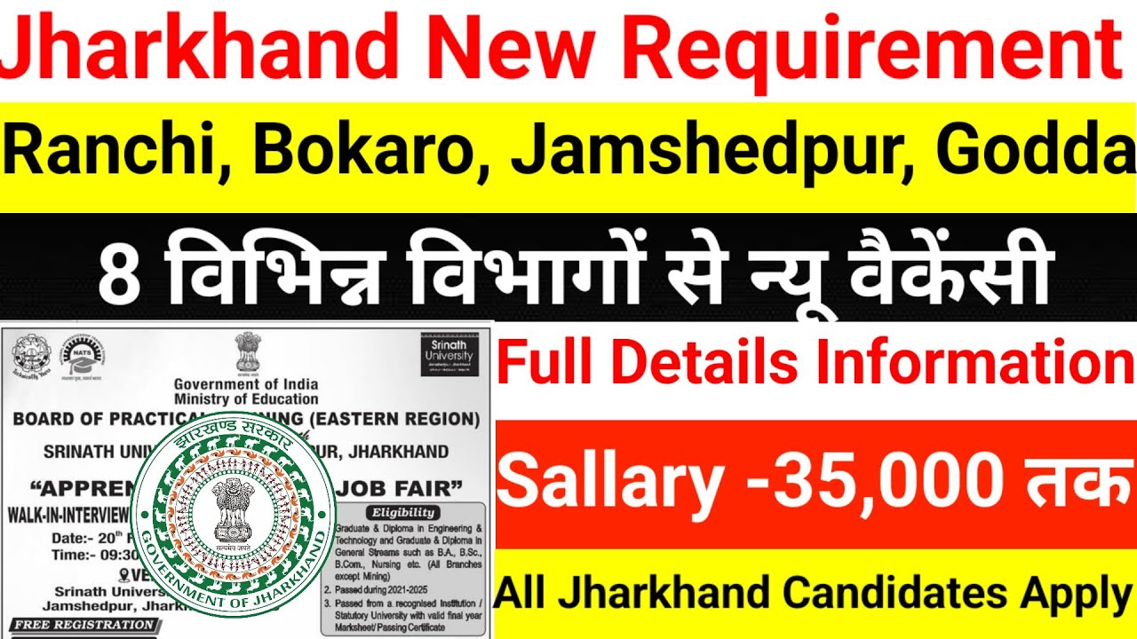 New vacancy from 8 different departments from Ranchi, Bokaro, jamshedpur, Godda. Jharkhand new vacancy 2026.