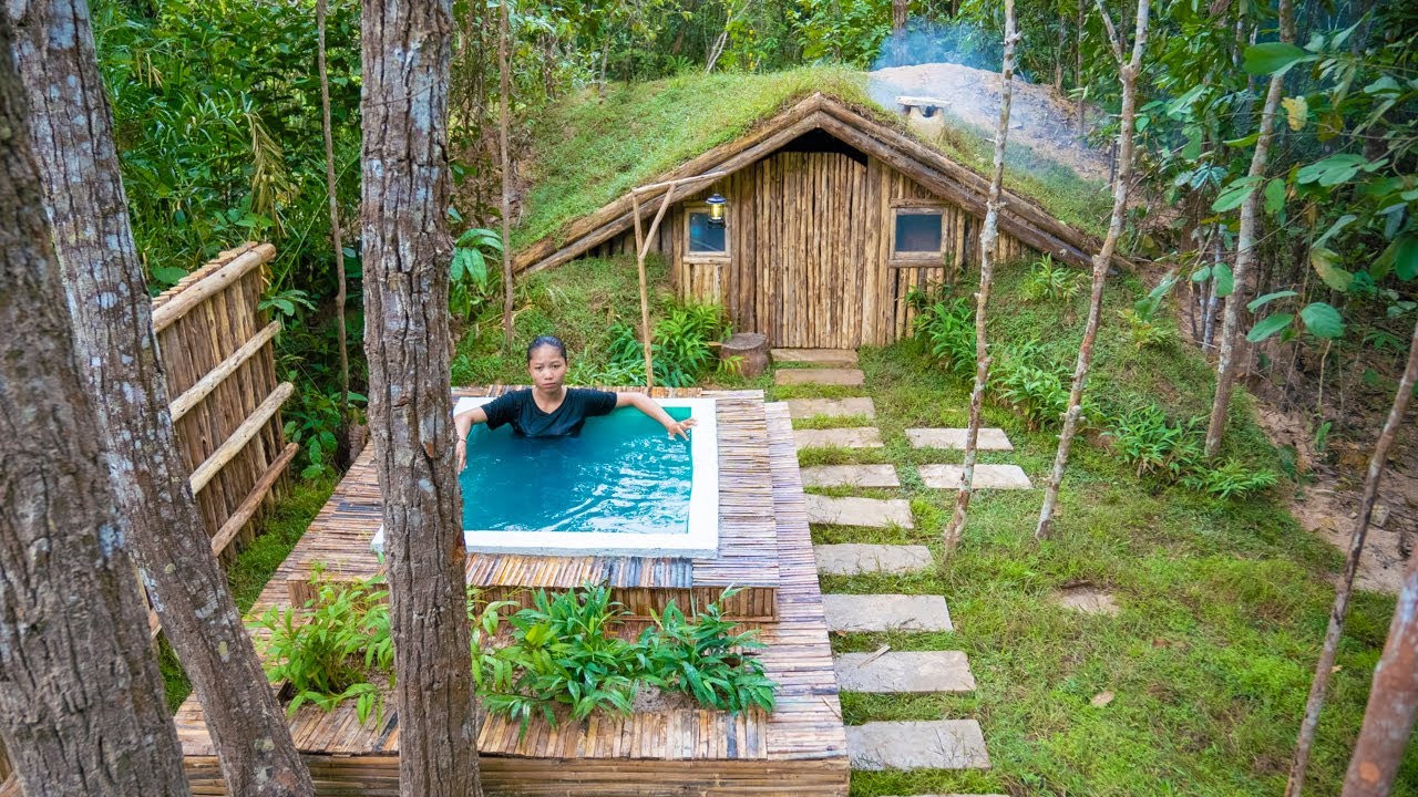Girl Bushcraft Camping Build Underground House Mini Swimming Pool, Girl Living Off The Grid