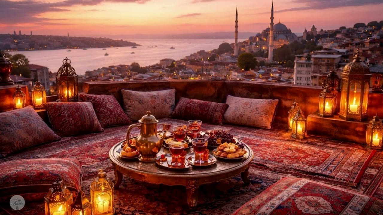 Turkish City Rooftop with Cozy Atmosphere, Oriental Rugs and Tea at Sunset