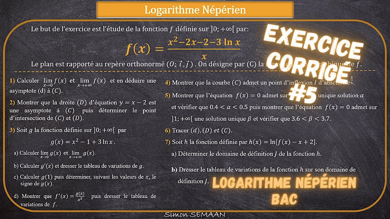 SUJET DE TYPE BAC - Fonction Logarithme Népérien - Exercice corrigé 5